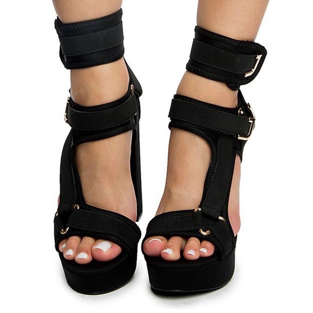 Black High Block Heel Strappy Platform Sandals - Picture 2 of 6